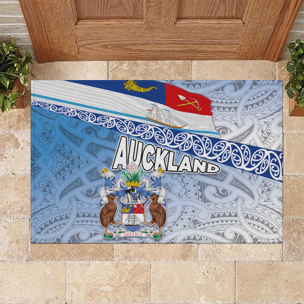 New Zealand Auckland Rubber Doormat Auckland's Flag and Coat of Arms - Koru Art Maori Pattern