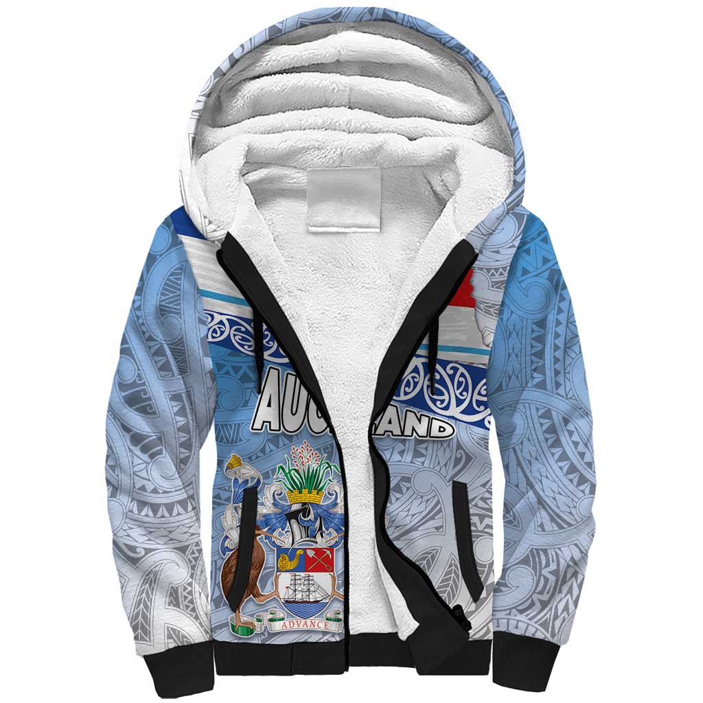 New Zealand Auckland Sherpa Hoodie Auckland's Flag and Coat of Arms - Koru Art Maori Pattern LT03 Unisex Light Blue - Polynesian Pride