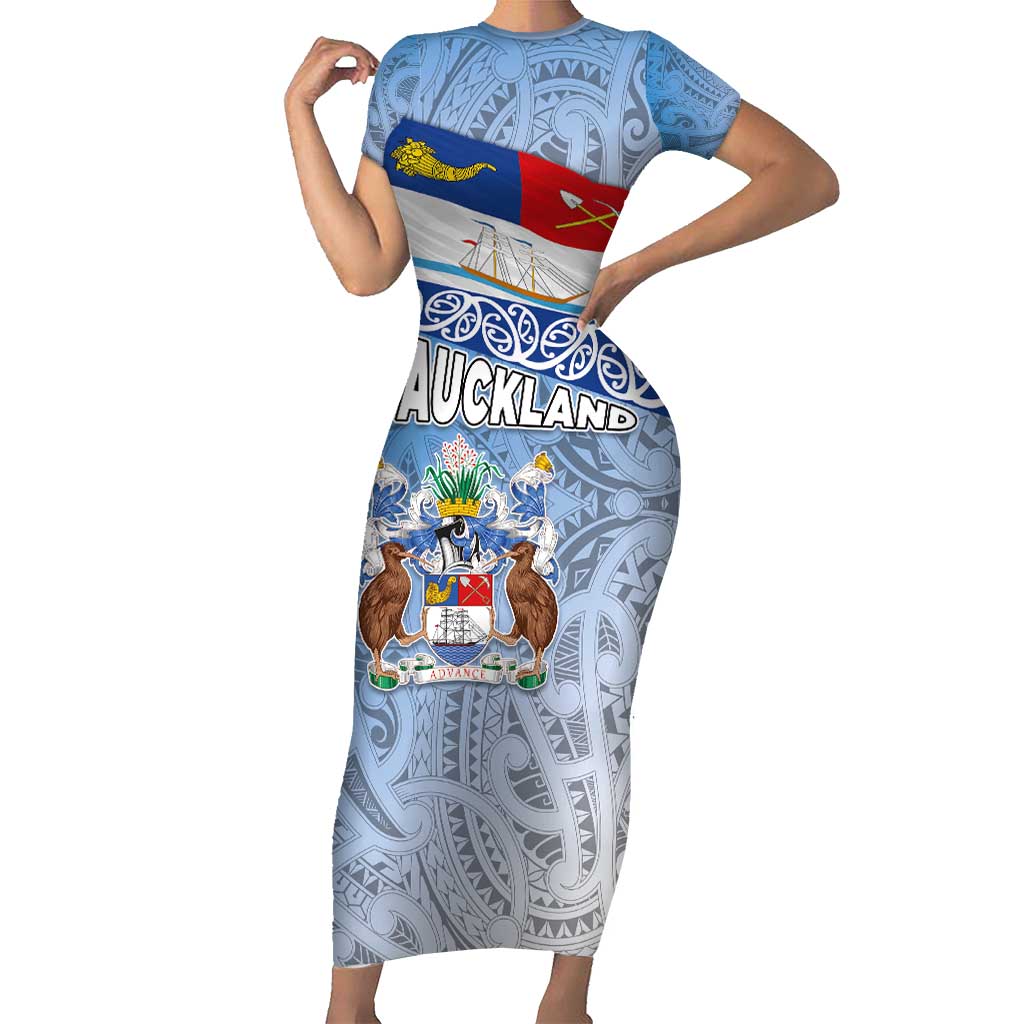 New Zealand Auckland Short Sleeve Bodycon Dress Auckland's Flag and Coat of Arms - Koru Art Maori Pattern LT03 Long Dress Light Blue - Polynesian Pride