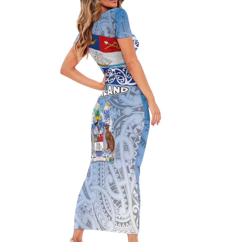 New Zealand Auckland Short Sleeve Bodycon Dress Auckland's Flag and Coat of Arms - Koru Art Maori Pattern LT03 - Polynesian Pride