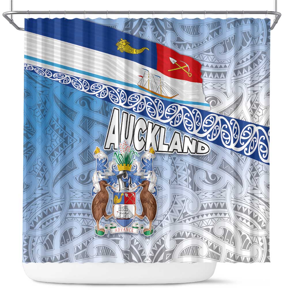 New Zealand Auckland Shower Curtain Auckland's Flag and Coat of Arms - Koru Art Maori Pattern LT03 Light Blue - Polynesian Pride