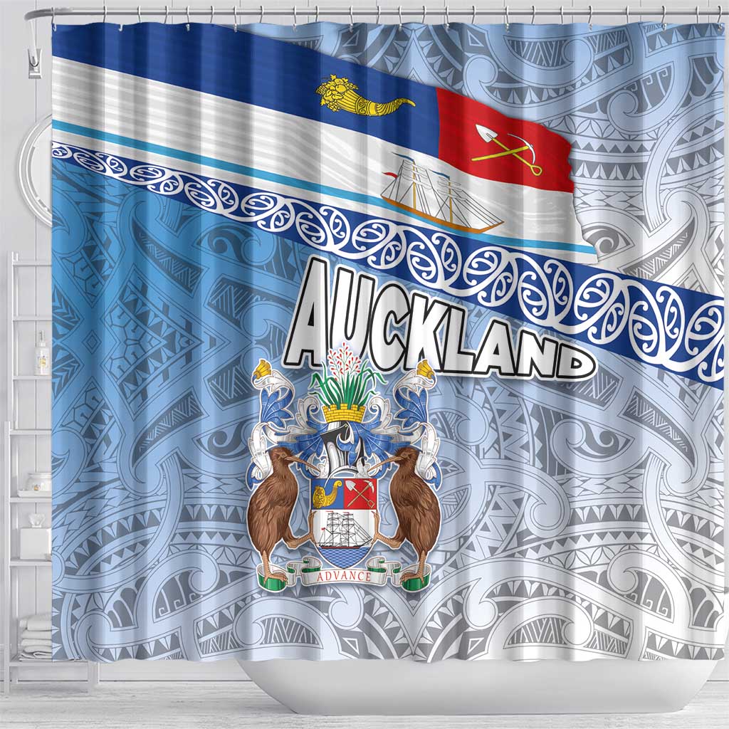 New Zealand Auckland Shower Curtain Auckland's Flag and Coat of Arms - Koru Art Maori Pattern LT03 - Polynesian Pride