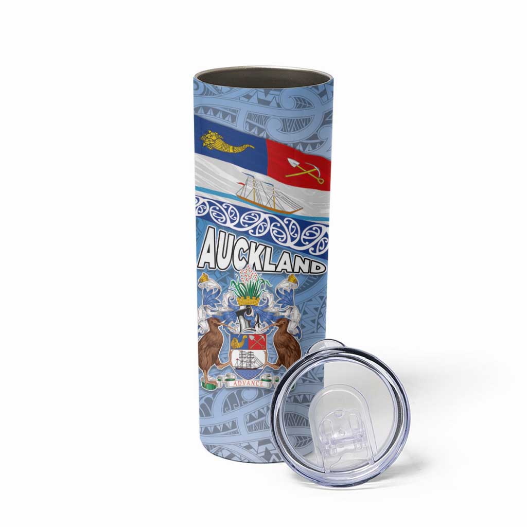 New Zealand Auckland Skinny Tumbler Auckland's Flag and Coat of Arms - Koru Art Maori Pattern LT03 - Polynesian Pride