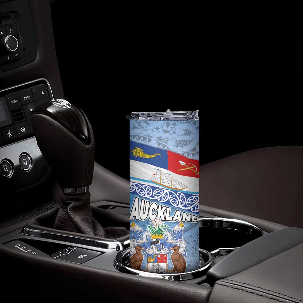 New Zealand Auckland Skinny Tumbler Auckland's Flag and Coat of Arms - Koru Art Maori Pattern LT03 - Polynesian Pride