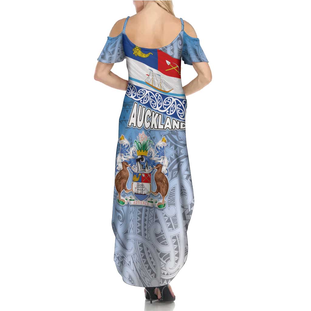 New Zealand Auckland Summer Maxi Dress Auckland's Flag and Coat of Arms - Koru Art Maori Pattern LT03 - Polynesian Pride