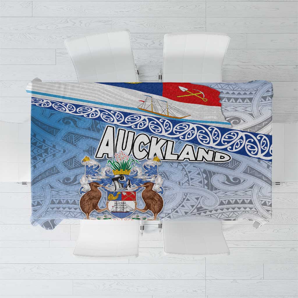 New Zealand Auckland Tablecloth Auckland's Flag and Coat of Arms - Koru Art Maori Pattern LT03 Light Blue - Polynesian Pride
