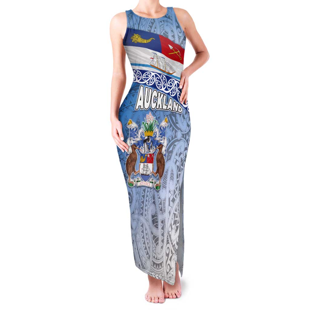 New Zealand Auckland Tank Maxi Dress Auckland's Flag and Coat of Arms - Koru Art Maori Pattern LT03 Women Light Blue - Polynesian Pride