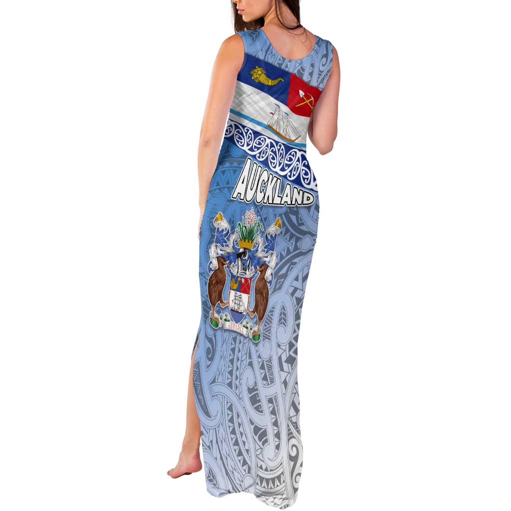New Zealand Auckland Tank Maxi Dress Auckland's Flag and Coat of Arms - Koru Art Maori Pattern LT03 - Polynesian Pride