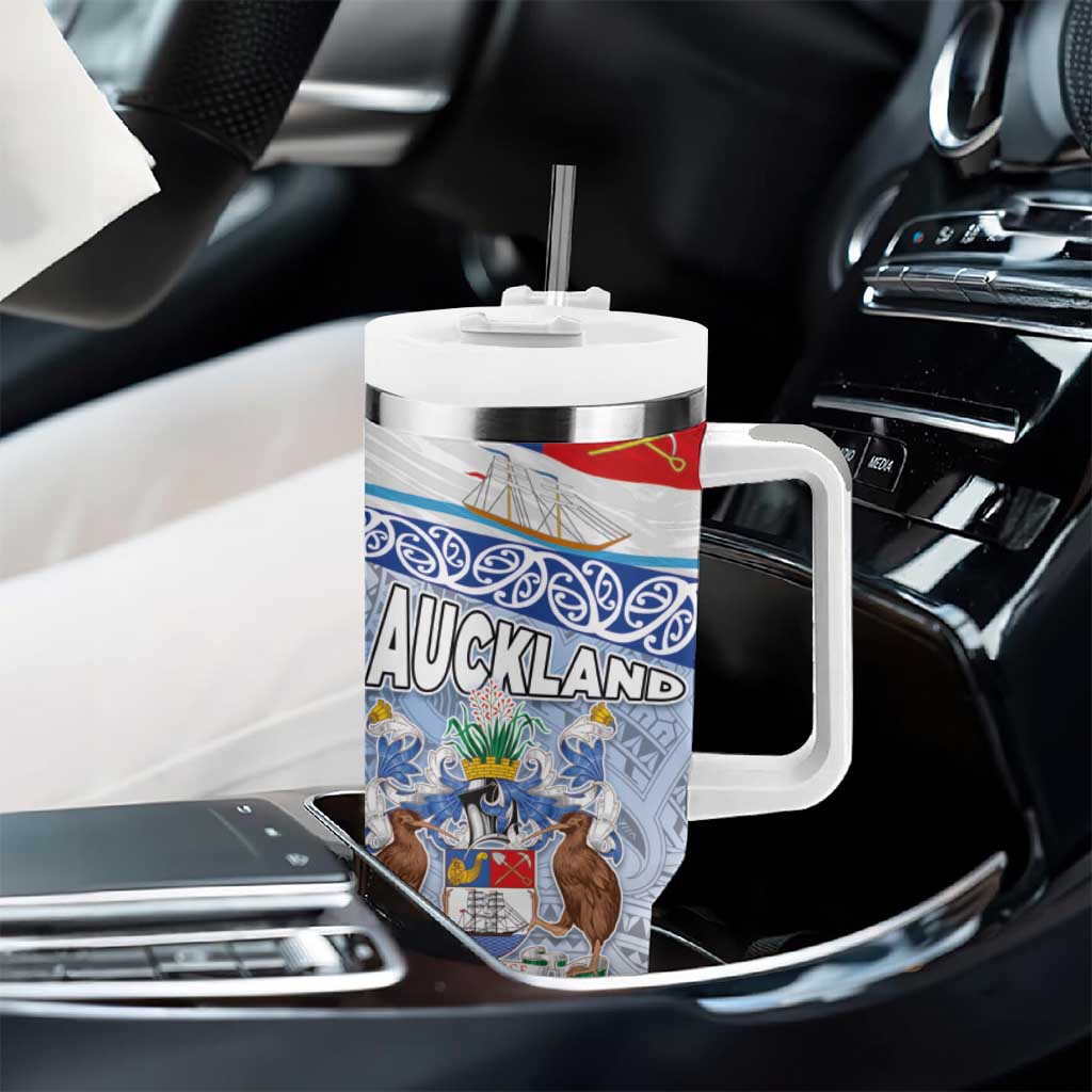 New Zealand Auckland Tumbler With Handle Auckland's Flag and Coat of Arms - Koru Art Maori Pattern LT03 - Polynesian Pride