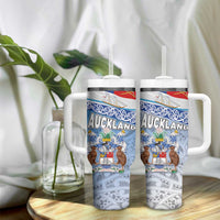 New Zealand Auckland Tumbler With Handle Auckland's Flag and Coat of Arms - Koru Art Maori Pattern LT03 - Polynesian Pride