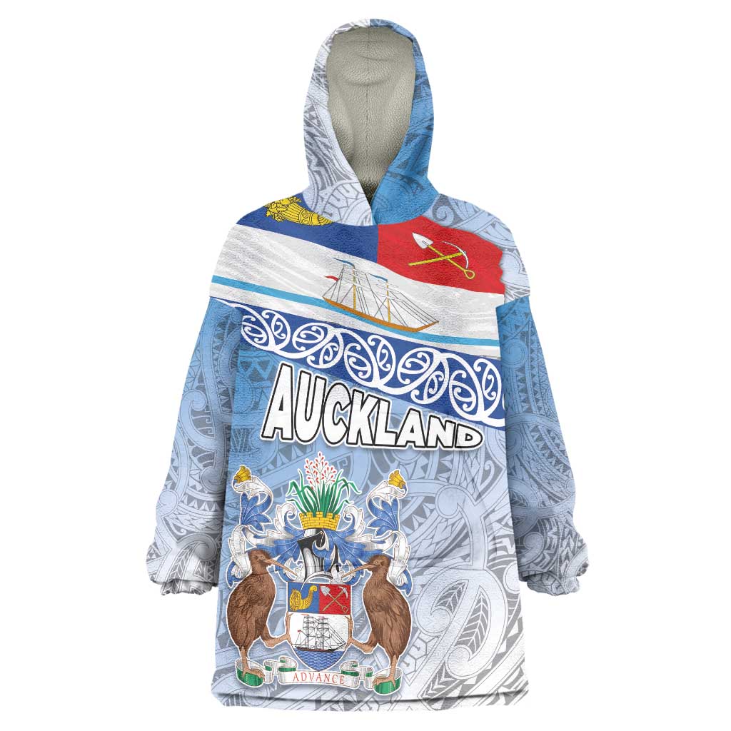 New Zealand Auckland Wearable Blanket Hoodie Auckland's Flag and Coat of Arms - Koru Art Maori Pattern LT03 One Size Light Blue - Polynesian Pride