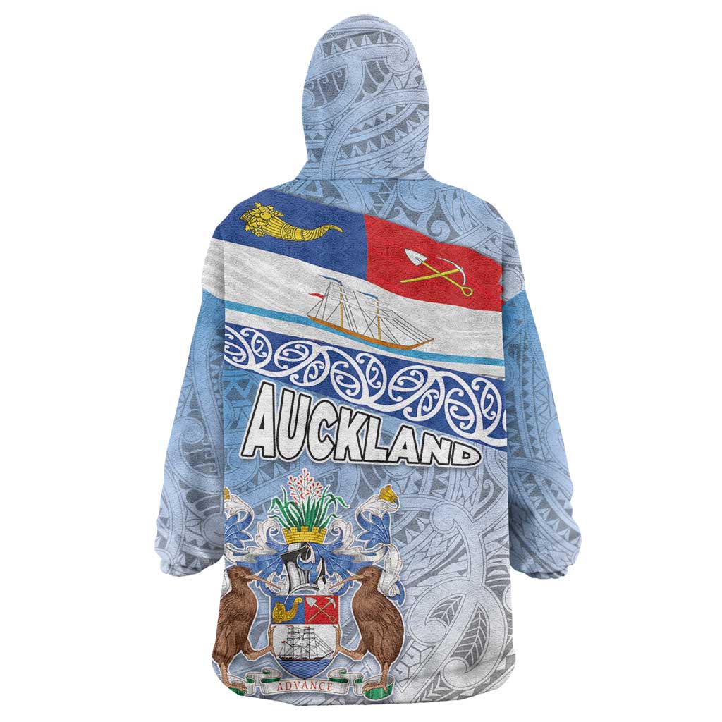 New Zealand Auckland Wearable Blanket Hoodie Auckland's Flag and Coat of Arms - Koru Art Maori Pattern LT03 - Polynesian Pride