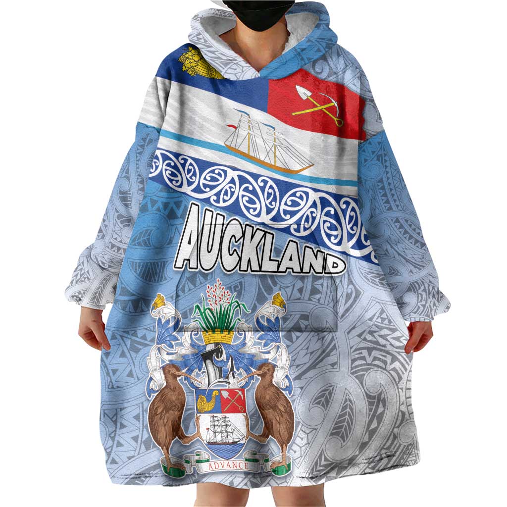 New Zealand Auckland Wearable Blanket Hoodie Auckland's Flag and Coat of Arms - Koru Art Maori Pattern LT03 - Polynesian Pride