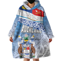 New Zealand Auckland Wearable Blanket Hoodie Auckland's Flag and Coat of Arms - Koru Art Maori Pattern LT03 - Polynesian Pride