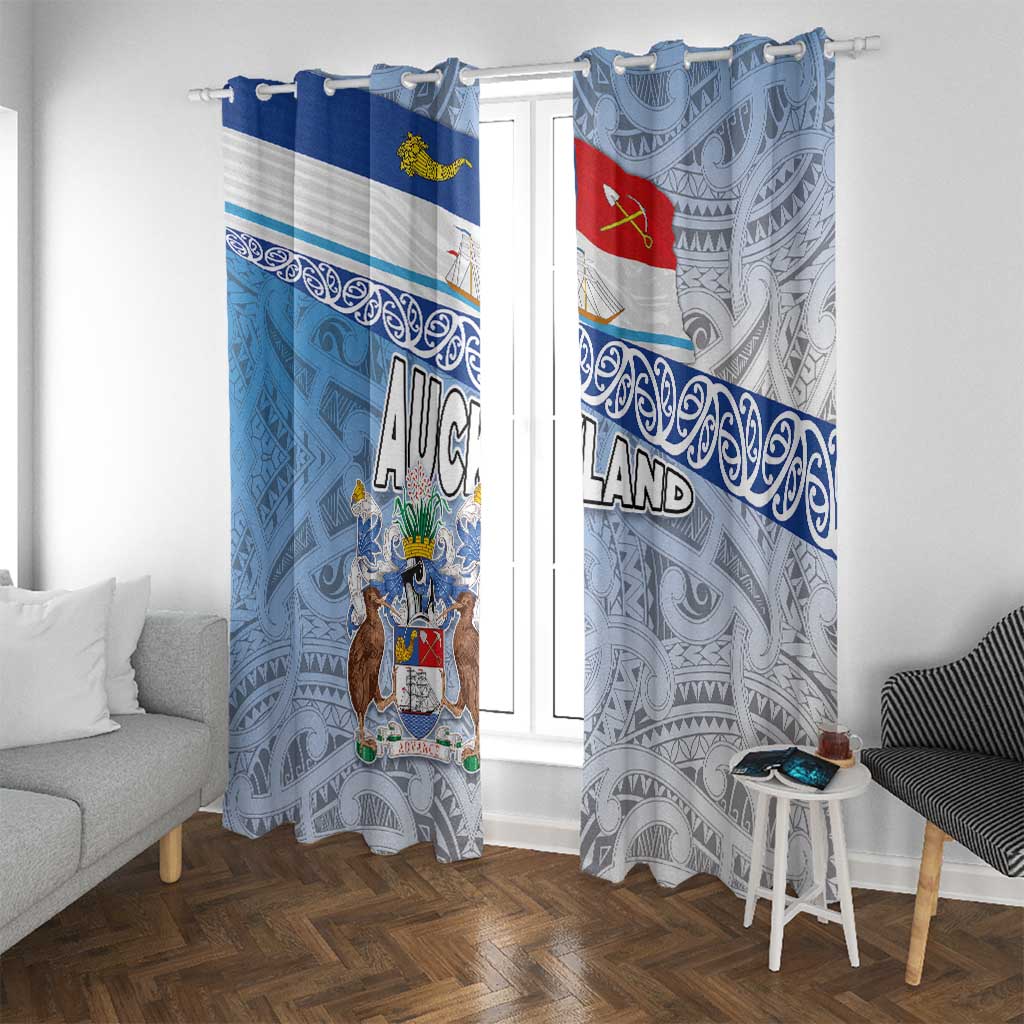 New Zealand Auckland Window Curtain Auckland's Flag and Coat of Arms - Koru Art Maori Pattern LT03 With Grommets Light Blue - Polynesian Pride