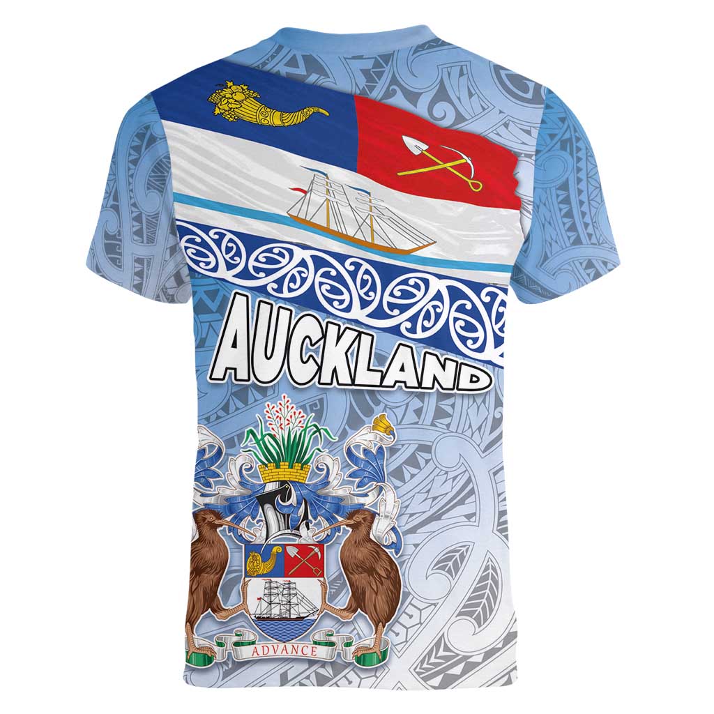 New Zealand Auckland Women V-Neck T-Shirt Auckland's Flag and Coat of Arms - Koru Art Maori Pattern