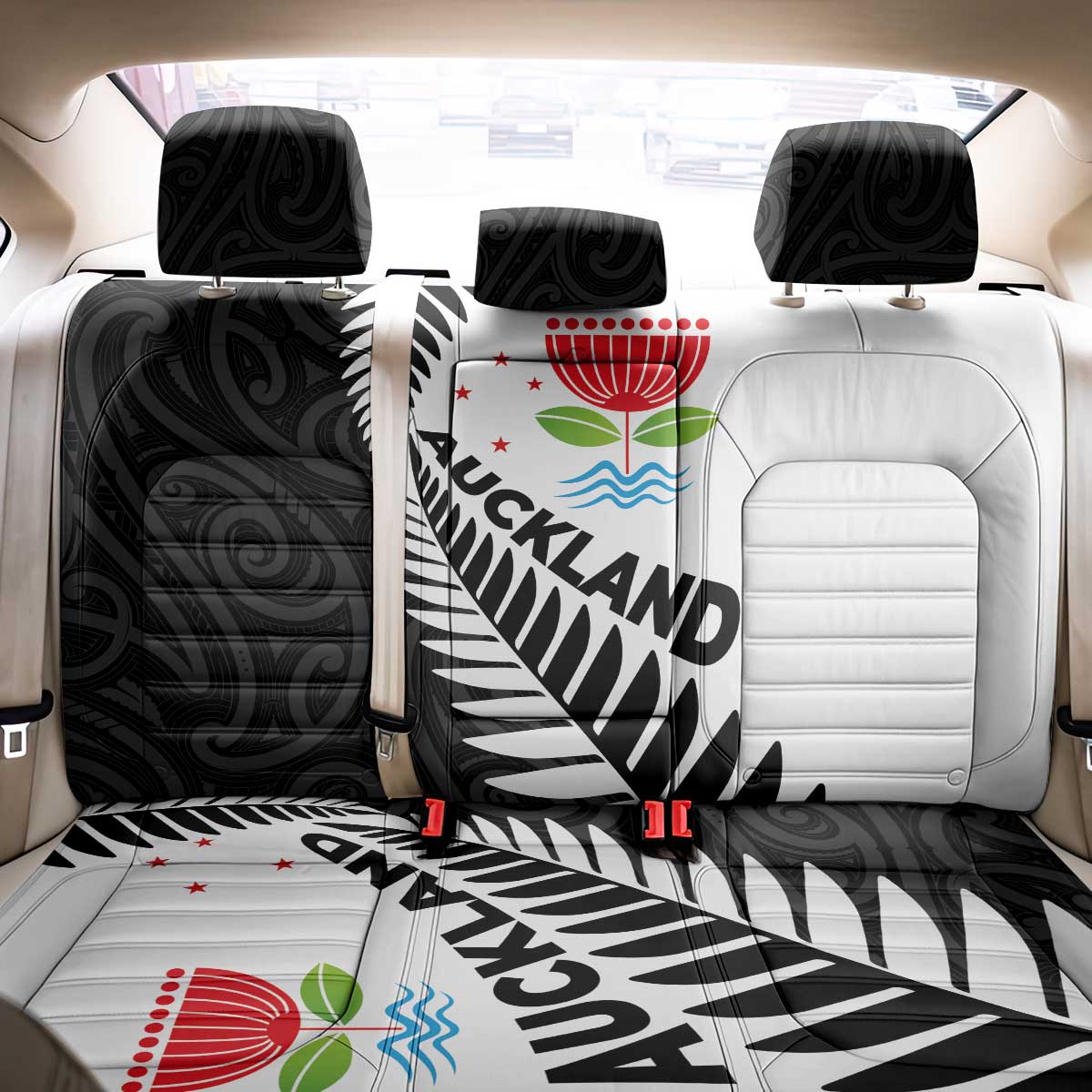 New Zealand Auckland Back Car Seat Cover Auckland's Emblem and Silver Ferns - Maori Art Tattoo LT03 - Polynesian Pride