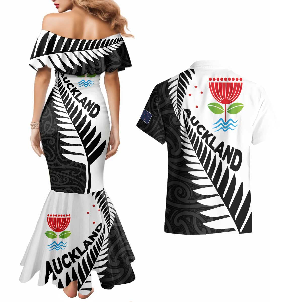 New Zealand Auckland Couples Matching Mermaid Dress and Hawaiian Shirt Auckland's Emblem and Silver Ferns - Maori Art Tattoo LT03 - Polynesian Pride