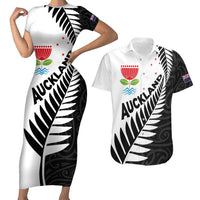 New Zealand Auckland Couples Matching Short Sleeve Bodycon Dress and Hawaiian Shirt Auckland's Emblem and Silver Ferns - Maori Art Tattoo LT03 Light Blue - Polynesian Pride