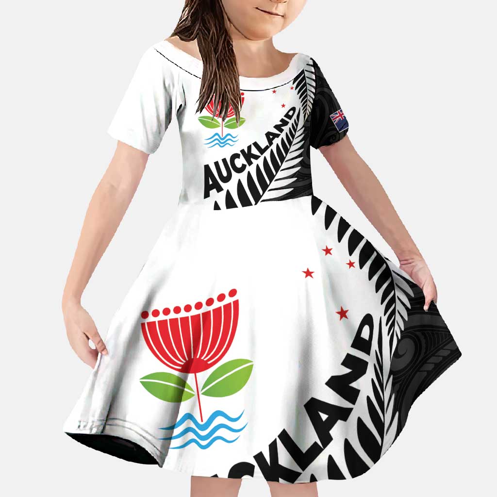 New Zealand Auckland Family Matching Long Sleeve Bodycon Dress and Hawaiian Shirt Auckland's Emblem and Silver Ferns - Maori Art Tattoo LT03 Daughter's Dress Light Blue - Polynesian Pride