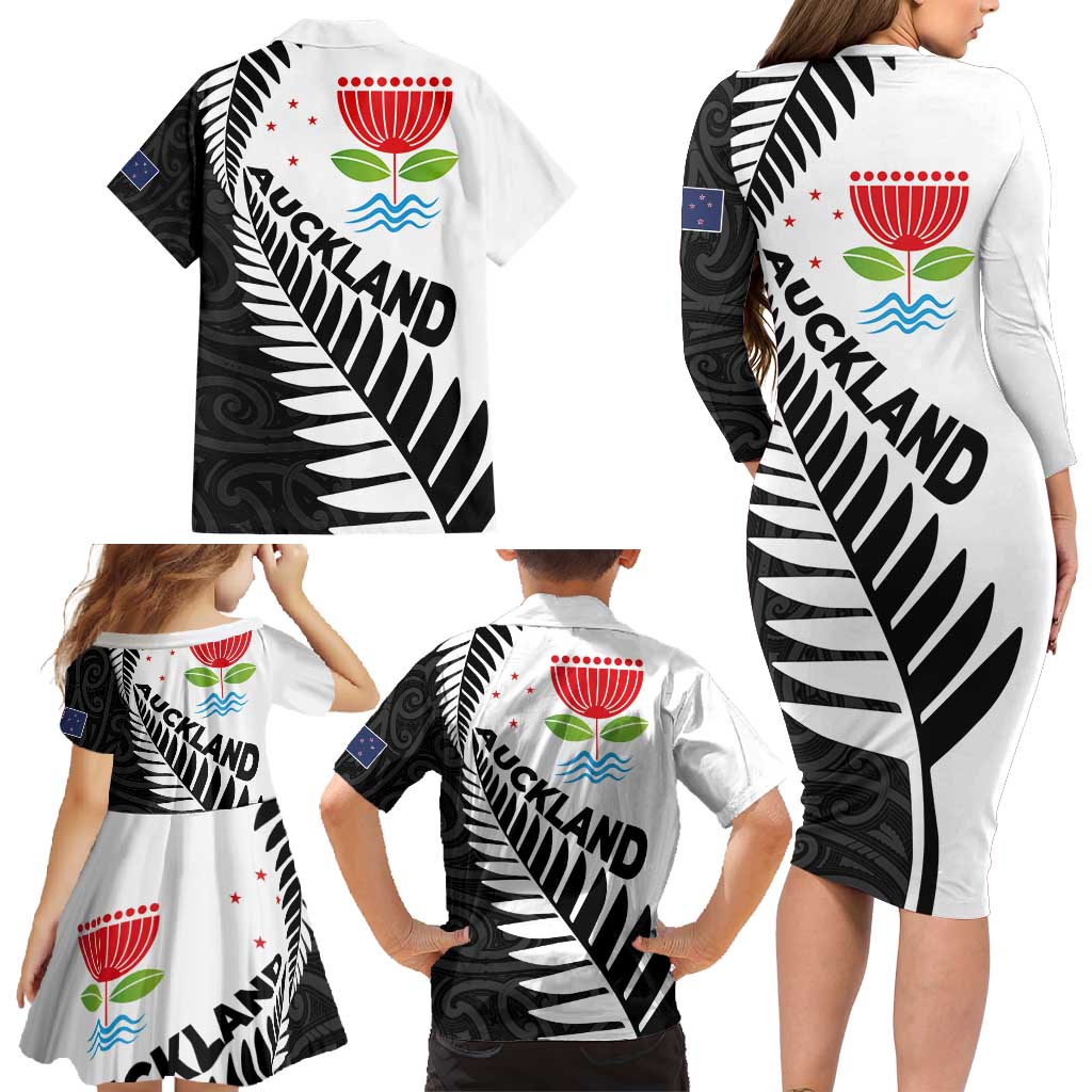 New Zealand Auckland Family Matching Long Sleeve Bodycon Dress and Hawaiian Shirt Auckland's Emblem and Silver Ferns - Maori Art Tattoo LT03 - Polynesian Pride