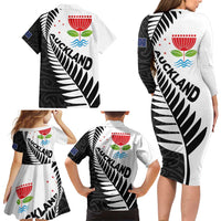 New Zealand Auckland Family Matching Long Sleeve Bodycon Dress and Hawaiian Shirt Auckland's Emblem and Silver Ferns - Maori Art Tattoo LT03 - Polynesian Pride