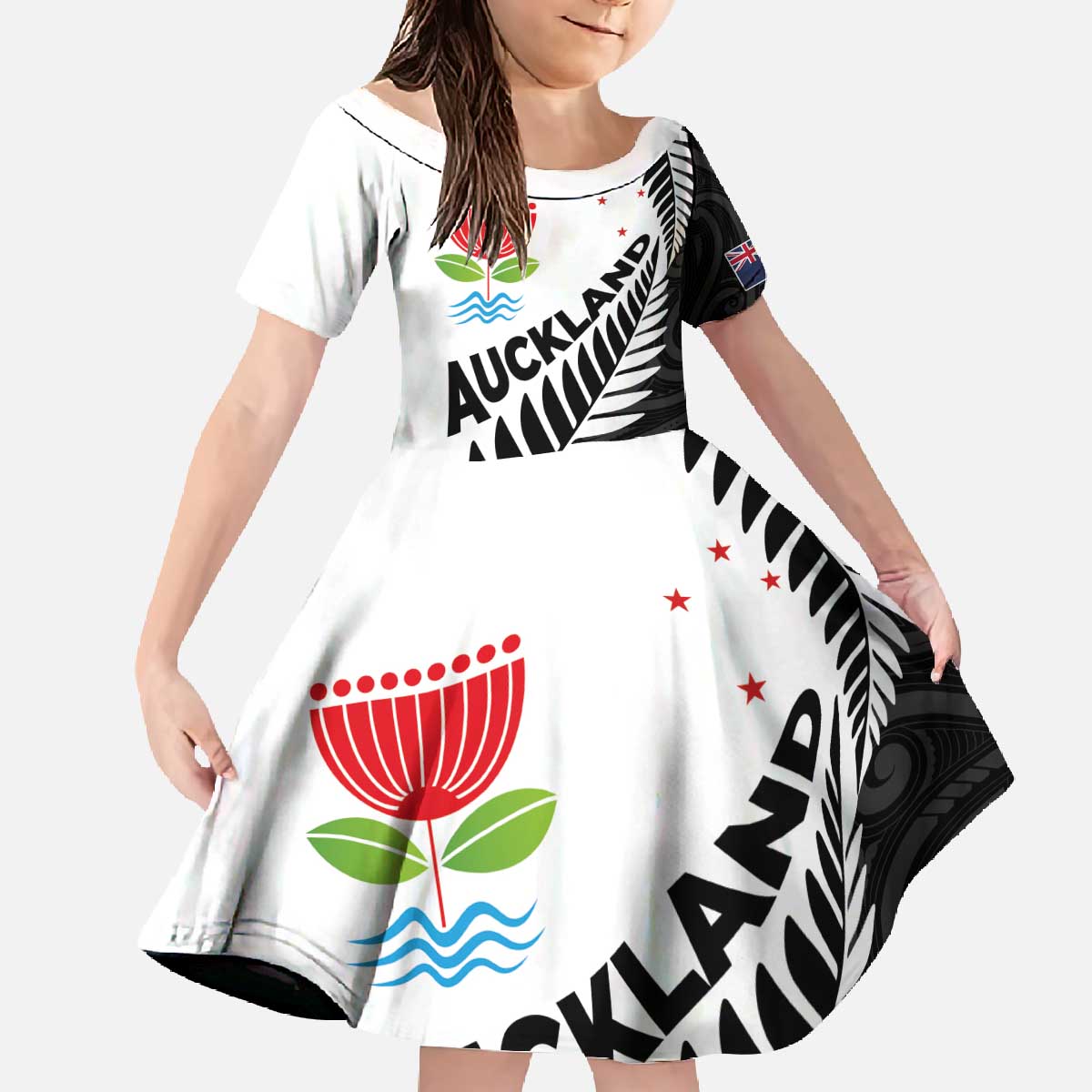 New Zealand Auckland Family Matching Off The Shoulder Long Sleeve Dress and Hawaiian Shirt Auckland's Emblem and Silver Ferns - Maori Art Tattoo LT03 Daughter's Dress Light Blue - Polynesian Pride