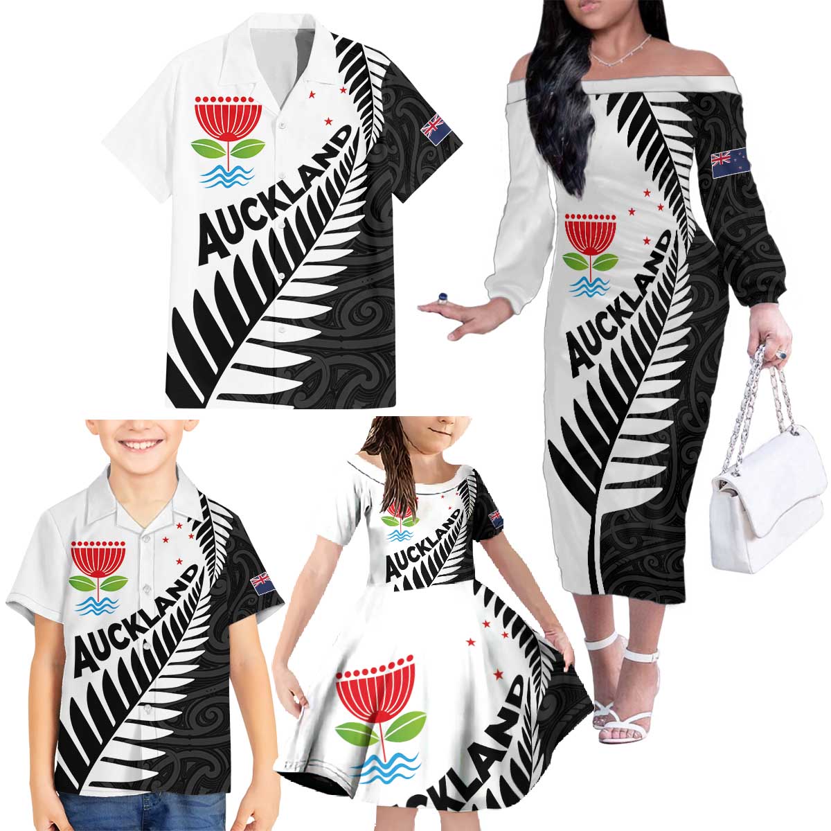 New Zealand Auckland Family Matching Off The Shoulder Long Sleeve Dress and Hawaiian Shirt Auckland's Emblem and Silver Ferns - Maori Art Tattoo LT03 - Polynesian Pride