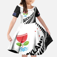 New Zealand Auckland Family Matching Off Shoulder Maxi Dress and Hawaiian Shirt Auckland's Emblem and Silver Ferns - Maori Art Tattoo LT03 Daughter's Dress Light Blue - Polynesian Pride