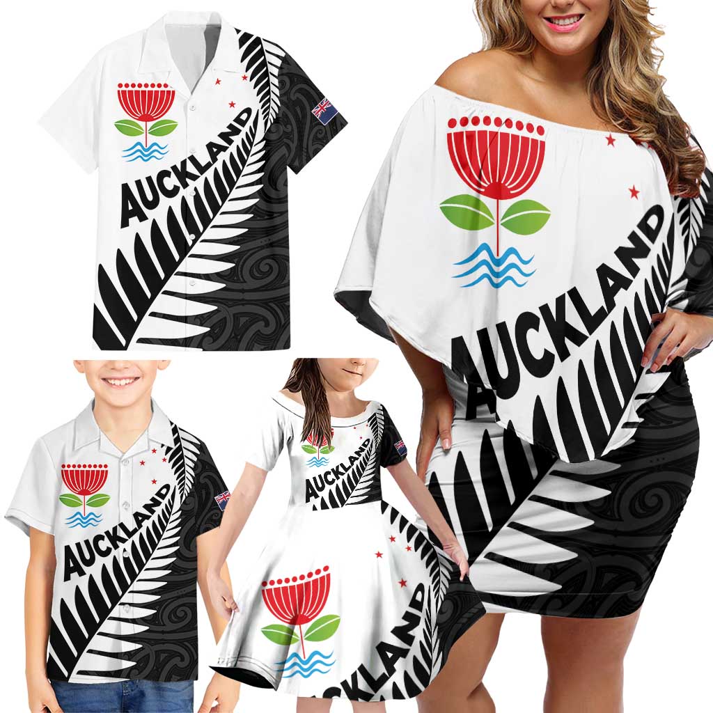 New Zealand Auckland Family Matching Off Shoulder Short Dress and Hawaiian Shirt Auckland's Emblem and Silver Ferns - Maori Art Tattoo LT03 - Polynesian Pride