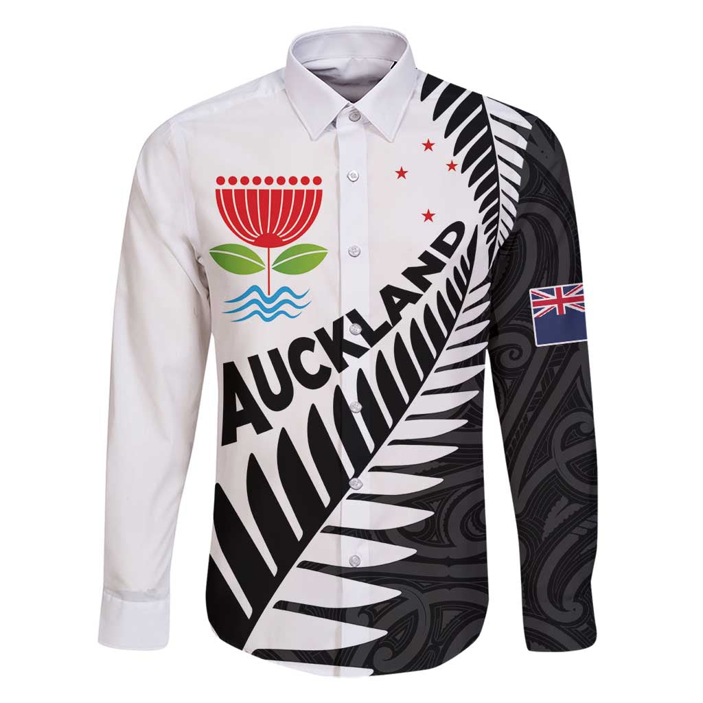 New Zealand Auckland Family Matching Off Shoulder Short Dress and Hawaiian Shirt Auckland's Emblem and Silver Ferns - Maori Art Tattoo LT03 Dad's Shirt - Long Sleeve Light Blue - Polynesian Pride