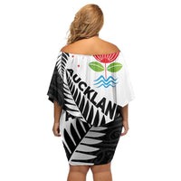 New Zealand Auckland Family Matching Off Shoulder Short Dress and Hawaiian Shirt Auckland's Emblem and Silver Ferns - Maori Art Tattoo LT03 - Polynesian Pride