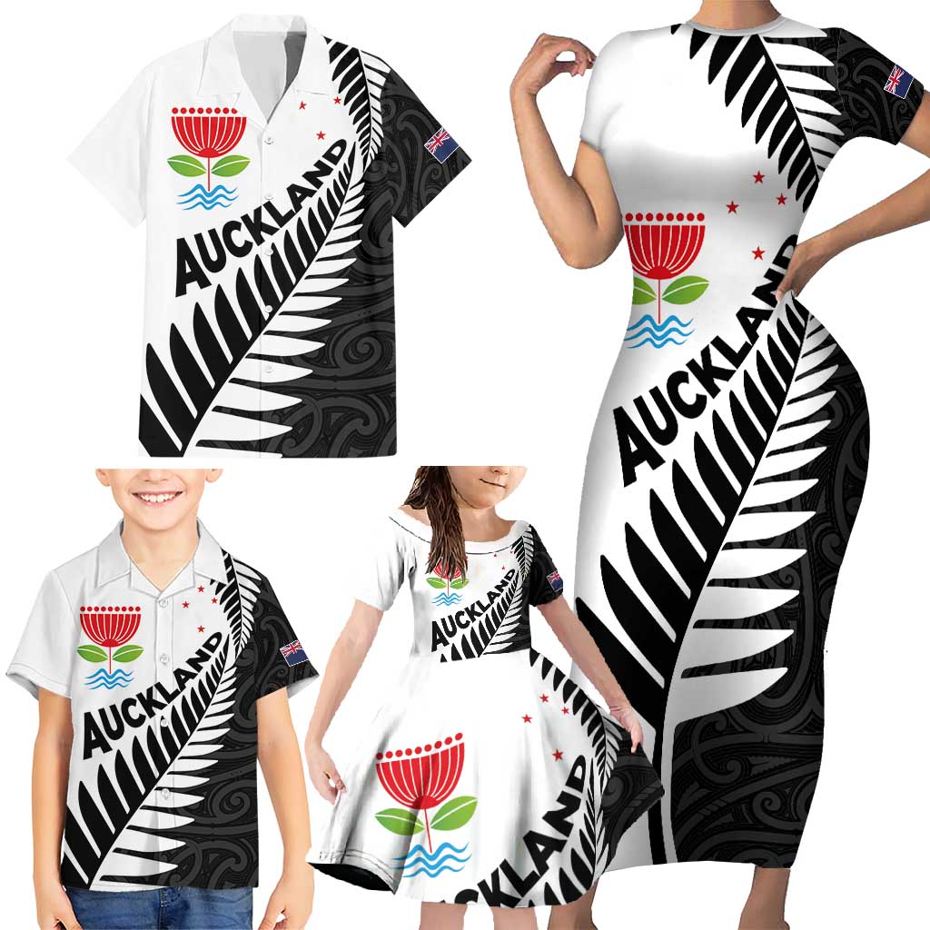 New Zealand Auckland Family Matching Short Sleeve Bodycon Dress and Hawaiian Shirt Auckland's Emblem and Silver Ferns - Maori Art Tattoo LT03 - Polynesian Pride