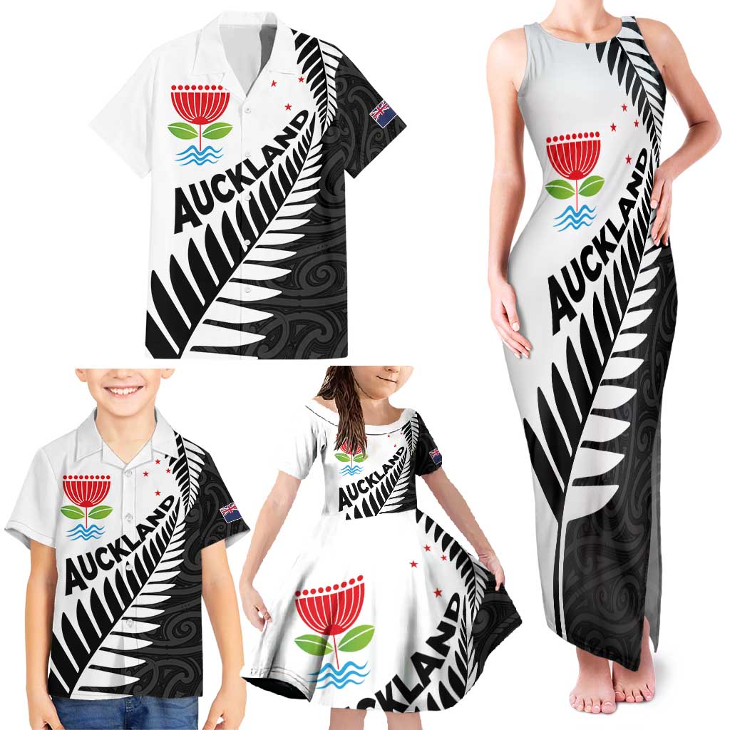 New Zealand Auckland Family Matching Tank Maxi Dress and Hawaiian Shirt Auckland's Emblem and Silver Ferns - Maori Art Tattoo LT03 - Polynesian Pride