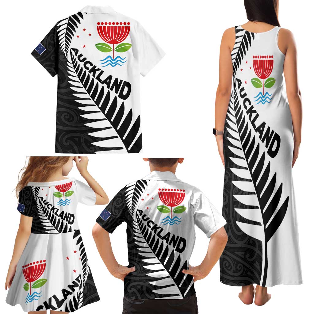 New Zealand Auckland Family Matching Tank Maxi Dress and Hawaiian Shirt Auckland's Emblem and Silver Ferns - Maori Art Tattoo LT03 - Polynesian Pride