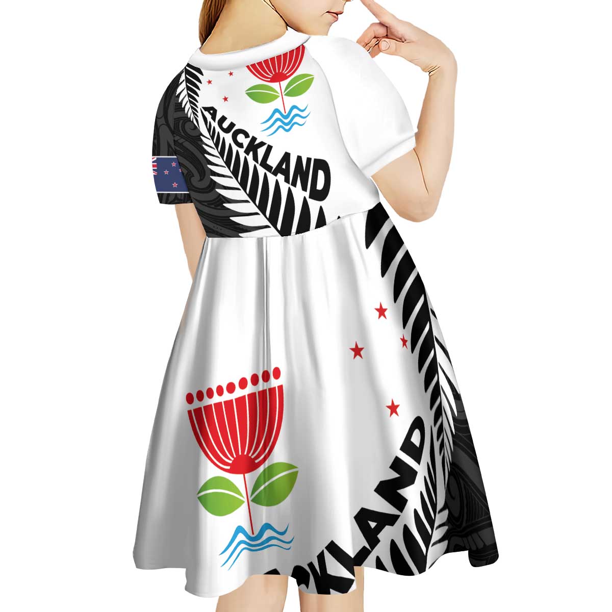 New Zealand Auckland Kid Short Sleeve Dress Auckland's Emblem and Silver Ferns - Maori Art Tattoo LT03 - Polynesian Pride