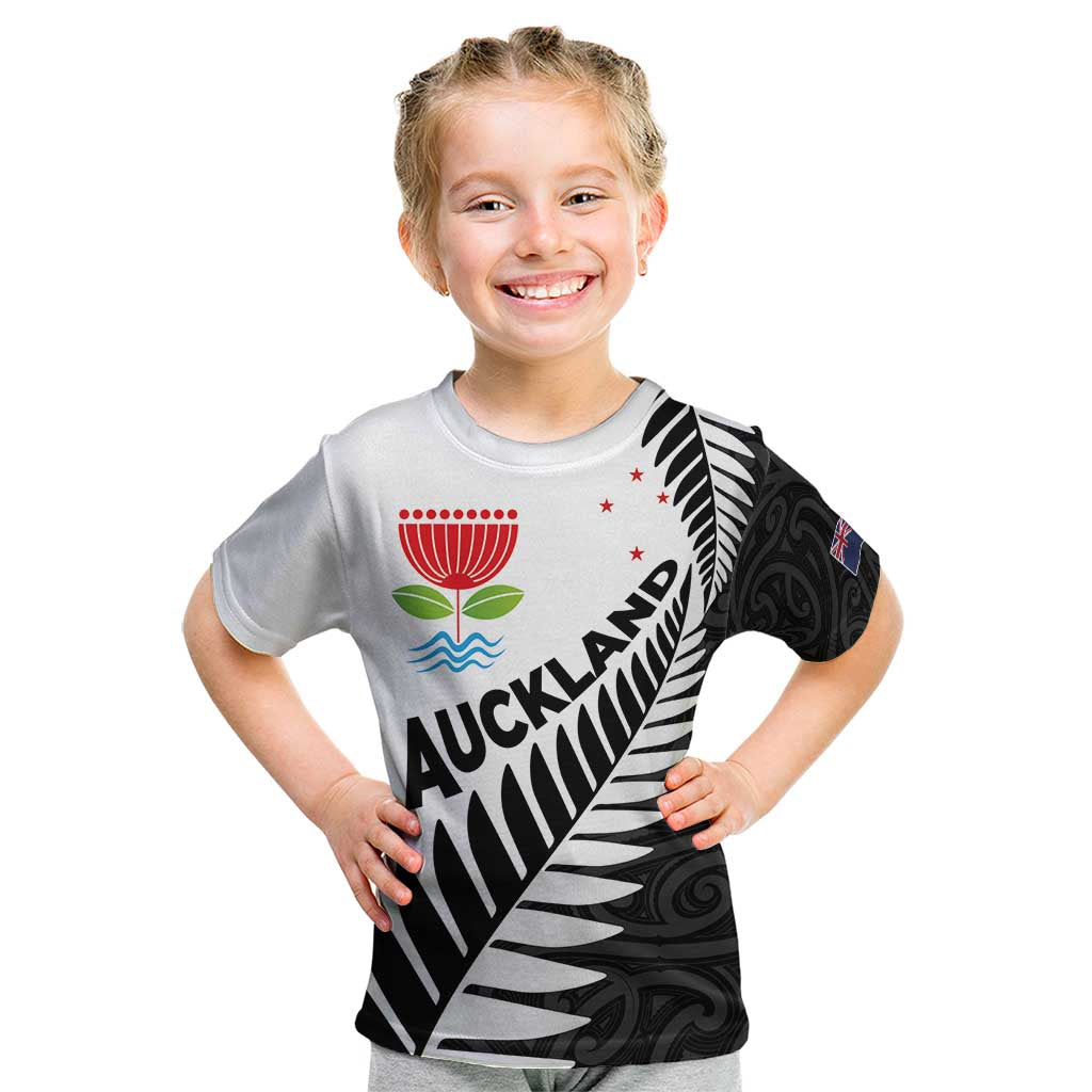New Zealand Auckland Kid T Shirt Auckland's Emblem and Silver Ferns - Maori Art Tattoo LT03 Light Blue - Polynesian Pride