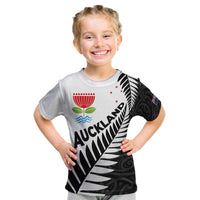 New Zealand Auckland Kid T Shirt Auckland's Emblem and Silver Ferns - Maori Art Tattoo LT03 Light Blue - Polynesian Pride