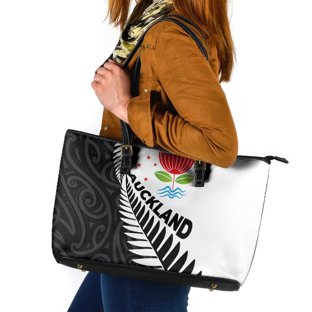 New Zealand Auckland Leather Tote Bag Auckland's Emblem and Silver Ferns - Maori Art Tattoo LT03 Light Blue - Polynesian Pride