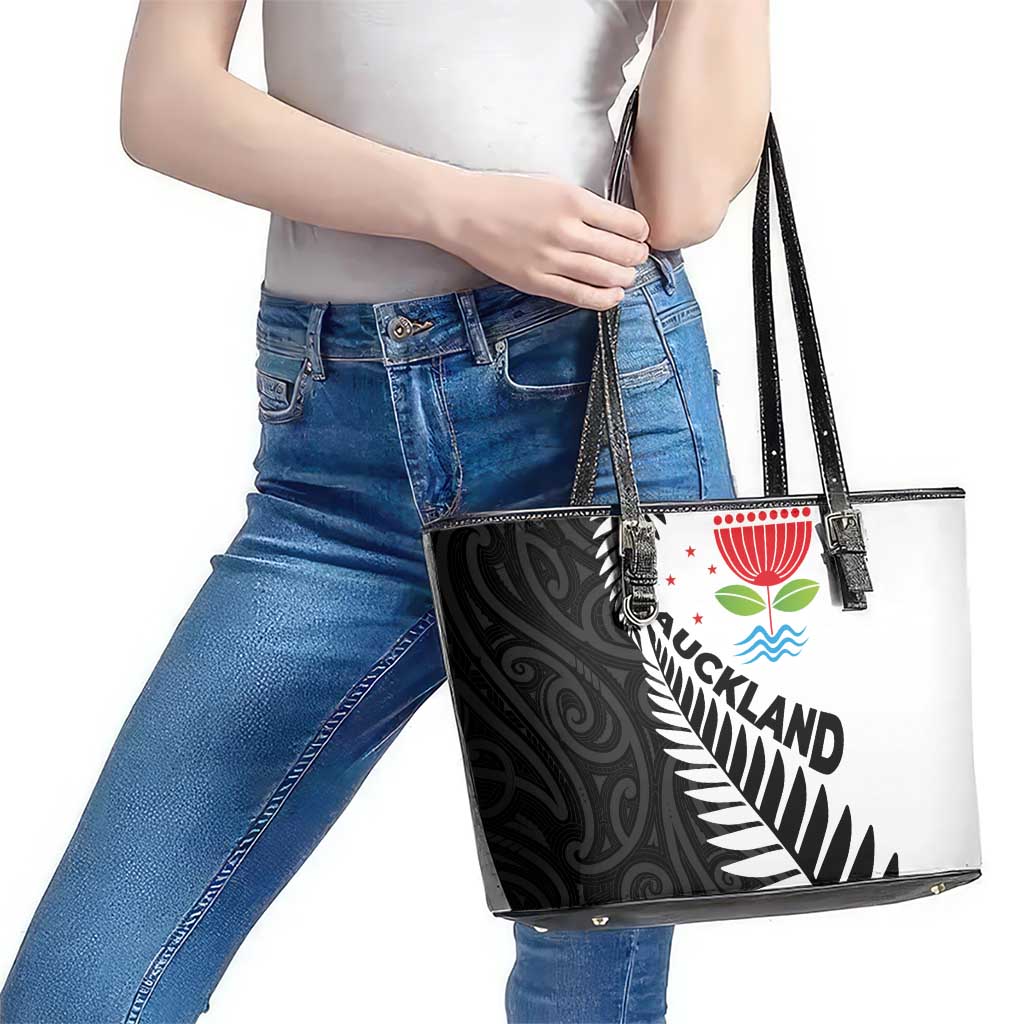 New Zealand Auckland Leather Tote Bag Auckland's Emblem and Silver Ferns - Maori Art Tattoo LT03 - Polynesian Pride