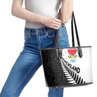New Zealand Auckland Leather Tote Bag Auckland's Emblem and Silver Ferns - Maori Art Tattoo LT03 - Polynesian Pride