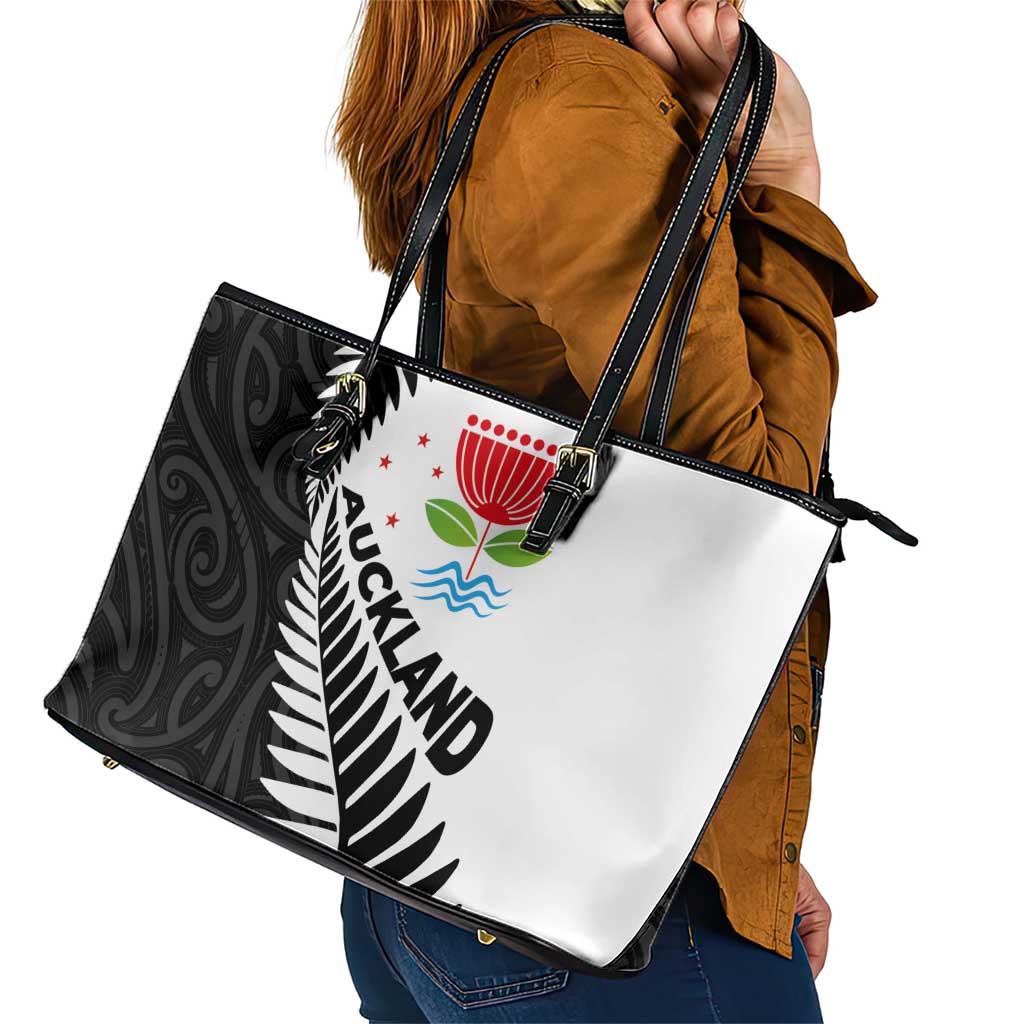 New Zealand Auckland Leather Tote Bag Auckland's Emblem and Silver Ferns - Maori Art Tattoo LT03 - Polynesian Pride