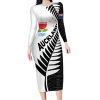 New Zealand Auckland Long Sleeve Bodycon Dress Auckland's Emblem and Silver Ferns - Maori Art Tattoo LT03 Long Dress Light Blue - Polynesian Pride