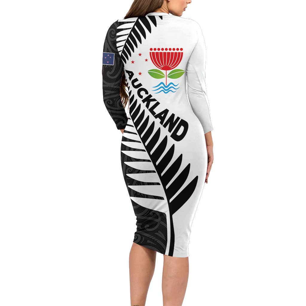 New Zealand Auckland Long Sleeve Bodycon Dress Auckland's Emblem and Silver Ferns - Maori Art Tattoo LT03 - Polynesian Pride