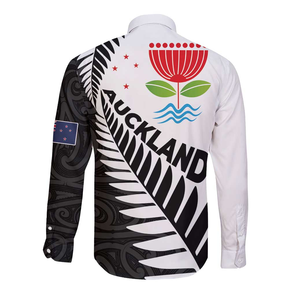 New Zealand Auckland Long Sleeve Button Shirt Auckland's Emblem and Silver Ferns - Maori Art Tattoo LT03 - Polynesian Pride