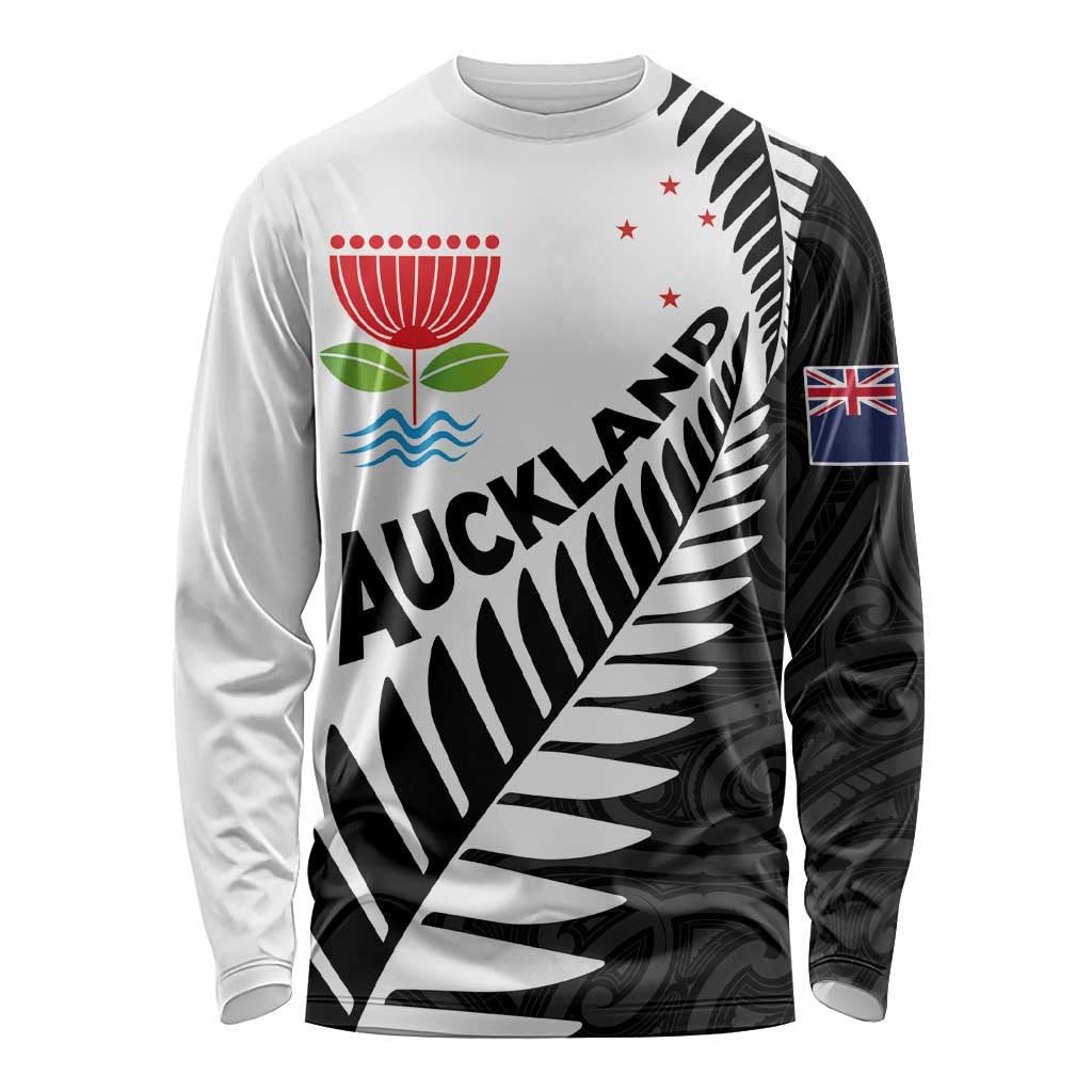 New Zealand Auckland Long Sleeve Shirt Auckland's Emblem and Silver Ferns - Maori Art Tattoo LT03 Unisex Light Blue - Polynesian Pride