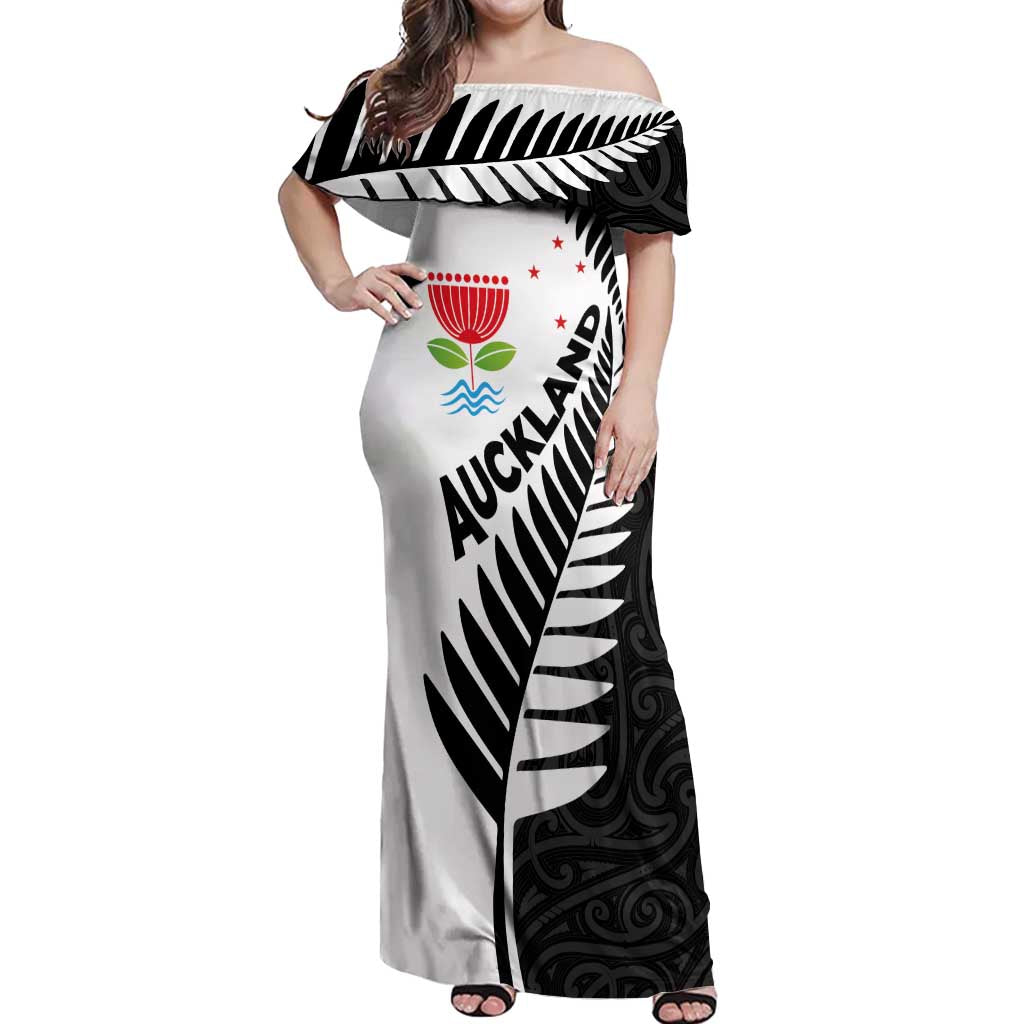New Zealand Auckland Off Shoulder Maxi Dress Auckland's Emblem and Silver Ferns - Maori Art Tattoo LT03 Women Light Blue - Polynesian Pride