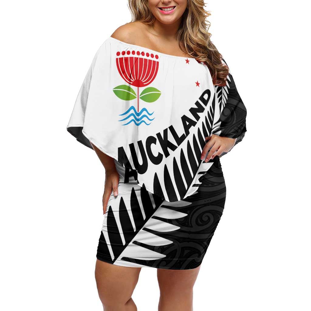 New Zealand Auckland Off Shoulder Short Dress Auckland's Emblem and Silver Ferns - Maori Art Tattoo LT03 Women Light Blue - Polynesian Pride