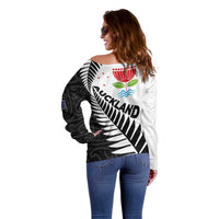 New Zealand Auckland Off Shoulder Sweater Auckland's Emblem and Silver Ferns - Maori Art Tattoo LT03 - Polynesian Pride