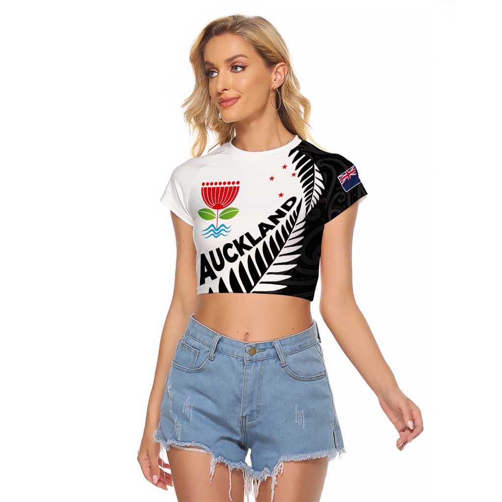 New Zealand Auckland Raglan Cropped T Shirt Auckland's Emblem and Silver Ferns - Maori Art Tattoo LT03 Female Light Blue - Polynesian Pride